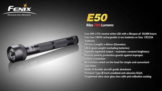 fenix e50 white led flashlight Fenix E50, 780 lumen, XM-L (T6) natural white LED flashlight